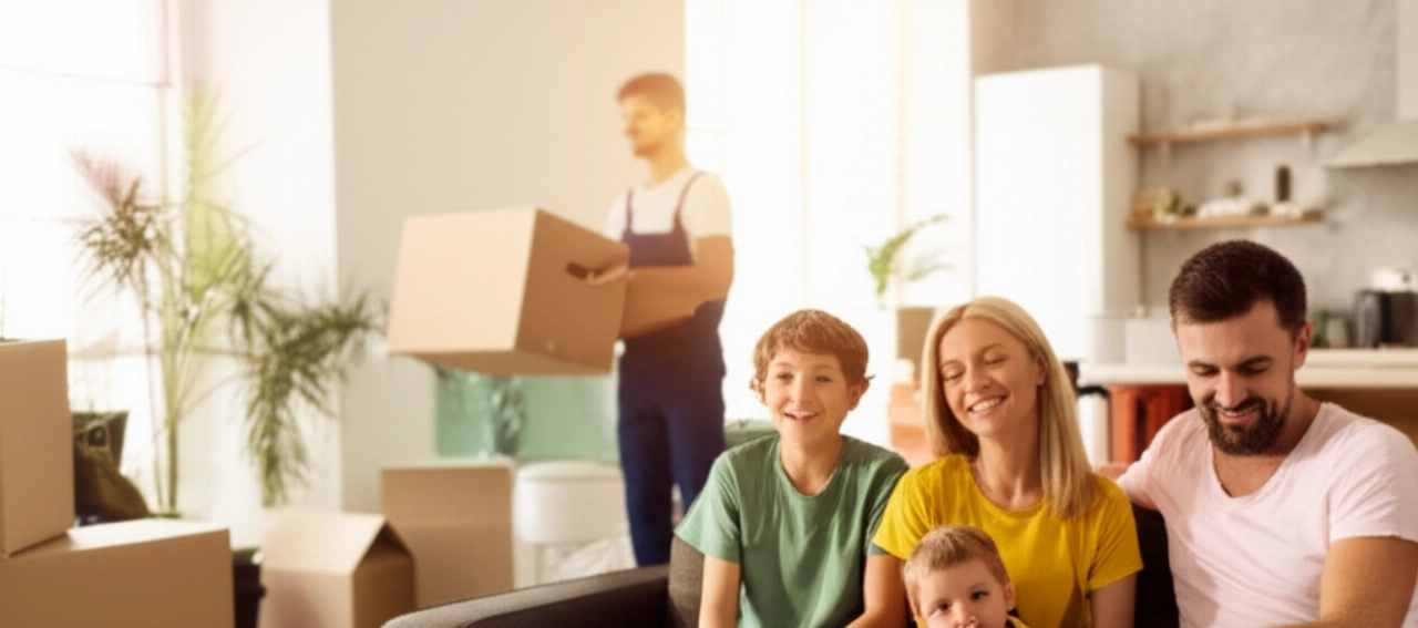 Una famiglia felice si rilassa nella nuova casa dopo un trasloco completato da professionisti.