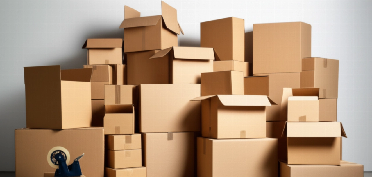 Pila ordinata di nuove scatole per trasloco in un'area di stoccaggio pulita.