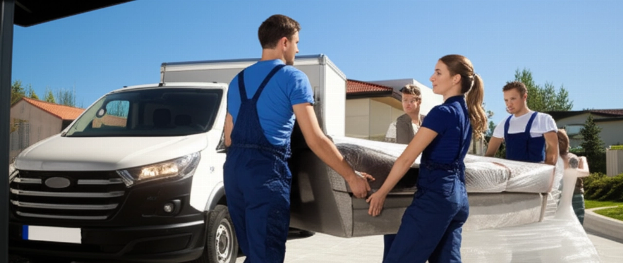 Due traslocatori caucasici, un uomo e una donna, trasportano con perizia un grande divano fuori da una casa moderna verso un camion da trasloco.