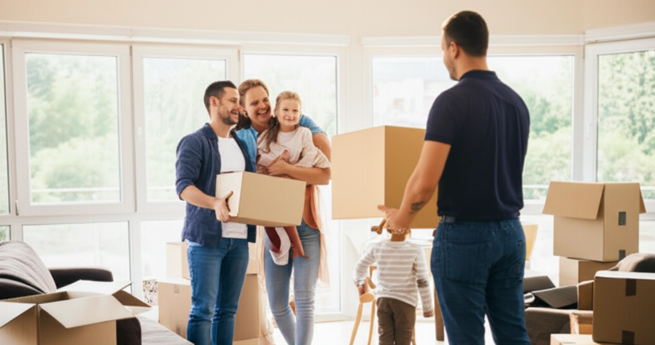 Una famiglia caucasica felice e un traslocatore sorridente in un nuovo soggiorno soleggiato, con scatole parzialmente disimballate, che simboleggiano un trasloco completato.