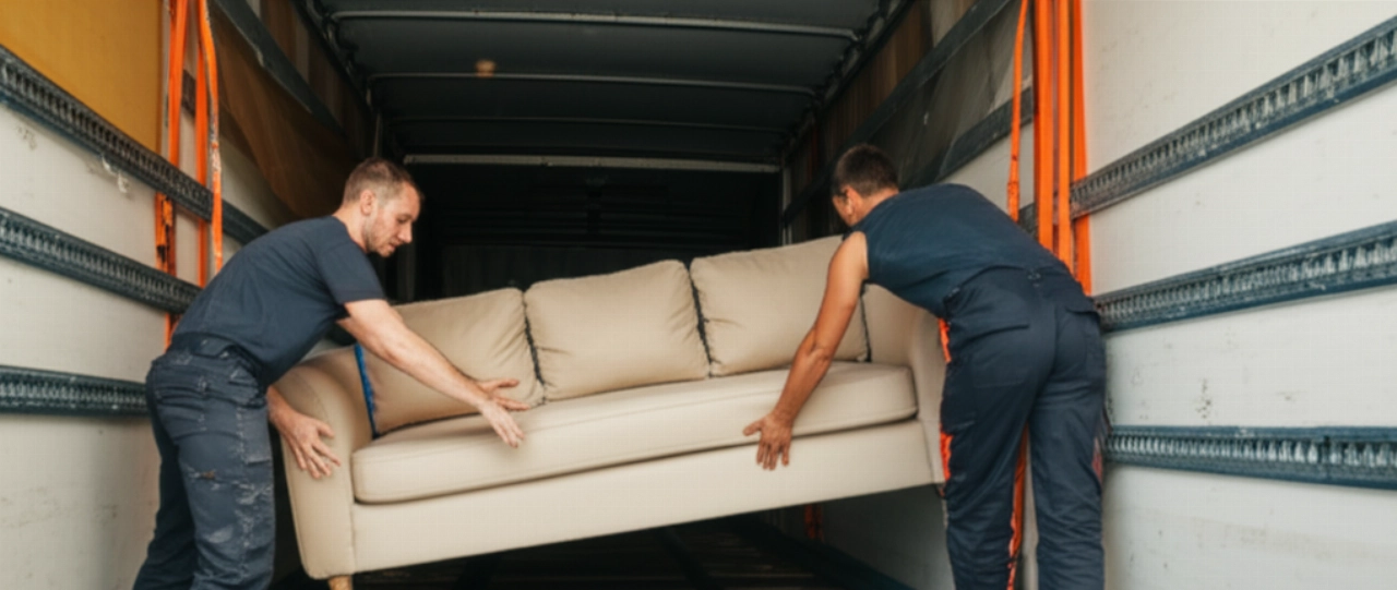 Grande divano componibile beige caricato con attenzione su un camion da trasloco da due robusti traslocatori caucasici.