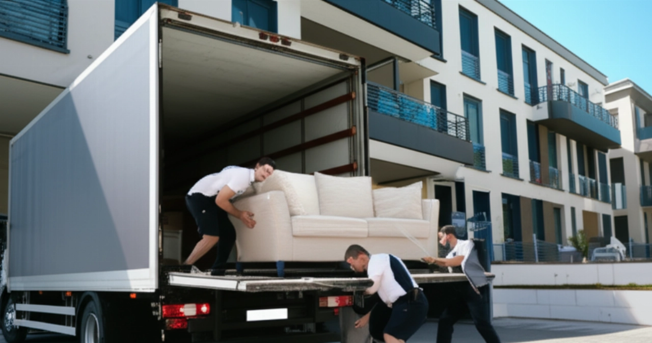 Due corrieri caucasici scaricano con attenzione un grande divano da un camion di consegna professionale.