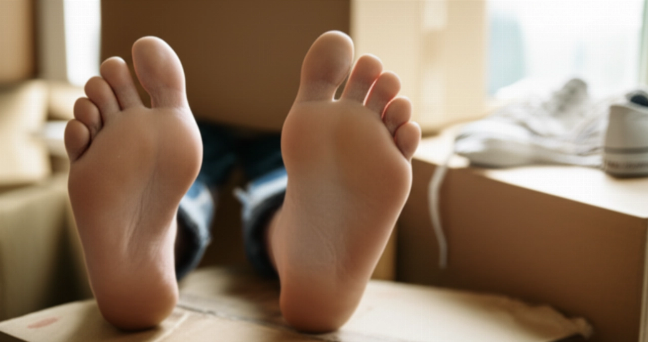 Primo piano di piedi stanchi e impolverati che riposano su scatole di trasloco, simbolo della fatica fisica post-trasloco.