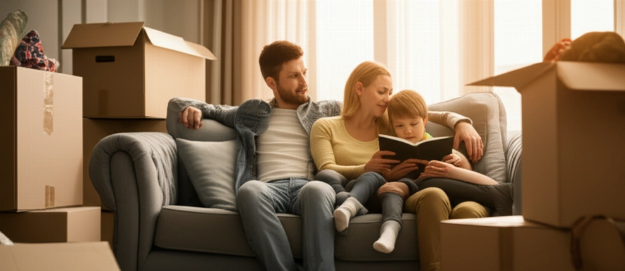 Famiglia caucasica rilassata nel nuovo salotto dopo un trasloco, con scatole ordinate.