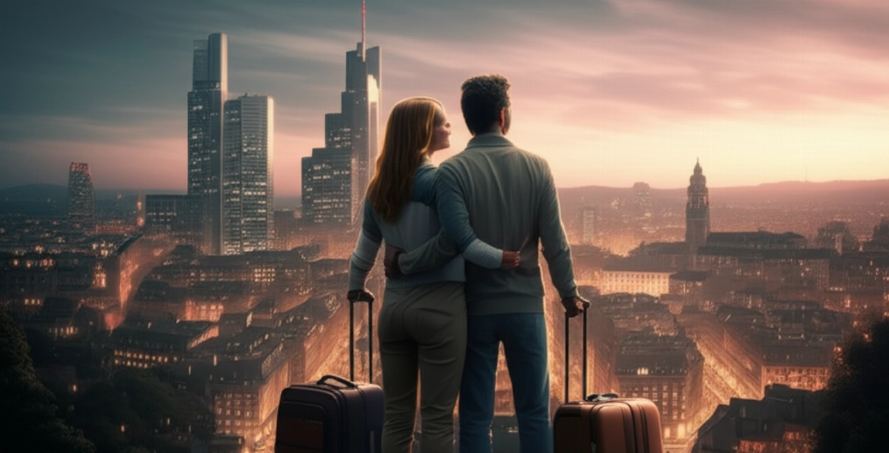 Coppia caucasica su un punto panoramico, che ammira lo skyline di una città europea al tramonto, con bagagli leggeri accanto, simboleggiando un nuovo inizio all'estero.