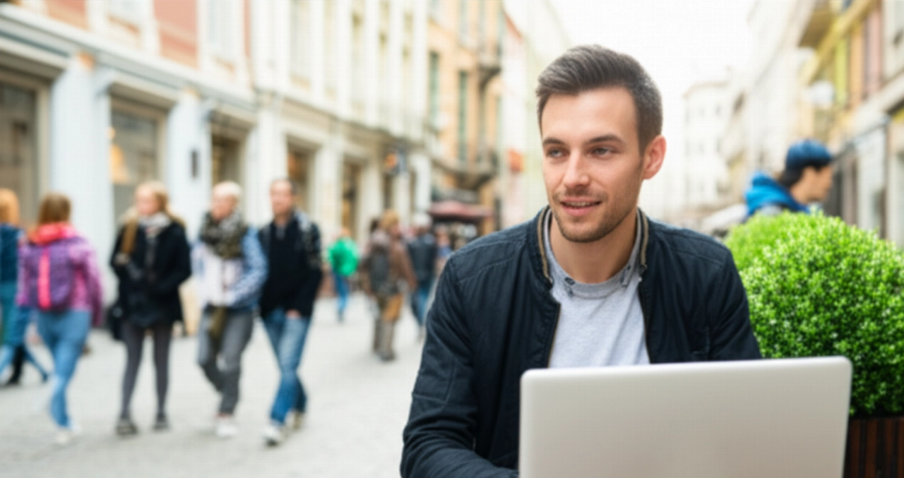 Uomo caucasico seduto a un tavolino di un caffè all'aperto in una vivace strada europea, sorridente mentre guarda il laptop, evocando integrazione e vita all'estero.