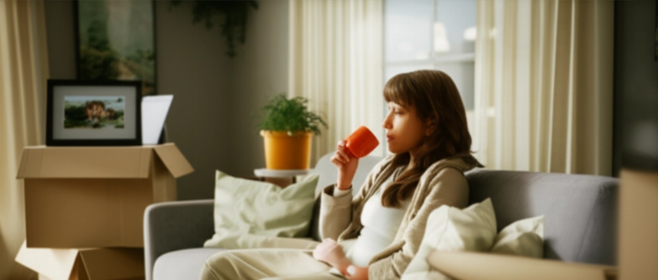 Una donna caucasica rilassata sorseggia caffè su un divano accogliente nel suo nuovo soggiorno, con scatole disimballate in modo ordinato sullo sfondo.