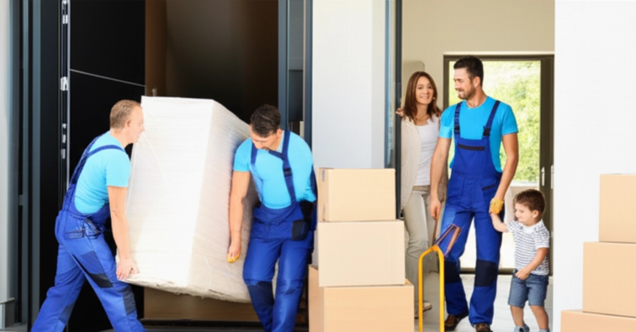 Due traslocatori caucasici trasportano con cura un mobile, osservati da una famiglia caucasica sorridente, in una scena che trasmette efficienza.