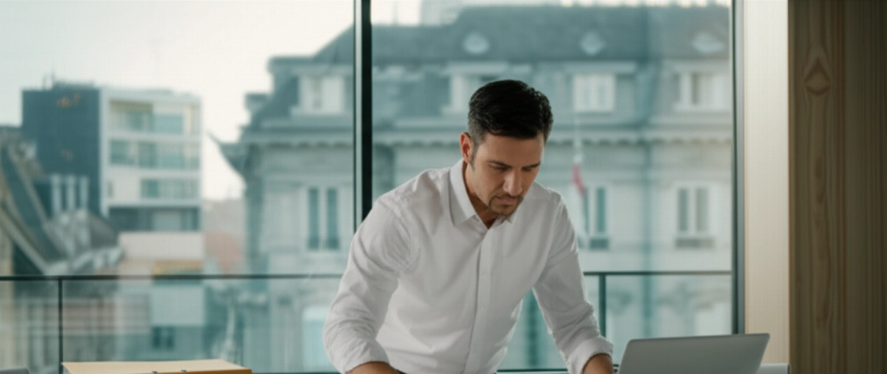 Professionista caucasico concentrato su documenti e laptop, in un ambiente che evoca l'efficienza svizzera.