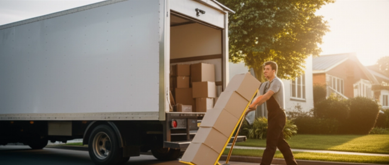 Camion dei traslochi moderno e pulito parcheggiato davanti a una casa, con un traslocatore caucasico che impila scatole ordinate, evocando efficienza e prezzi bassi.
