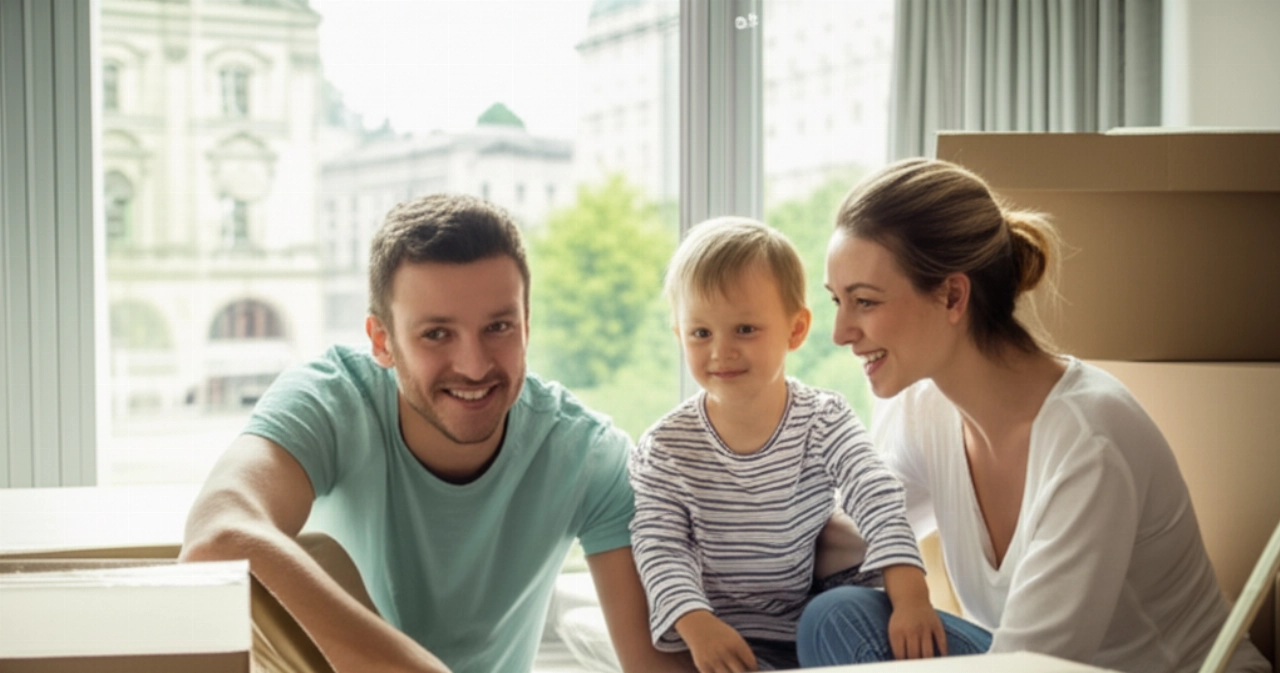 Una famiglia caucasica sorridente nella loro nuova casa in Austria, circondata da scatole, con una vista su una città austriaca dalla finestra.
