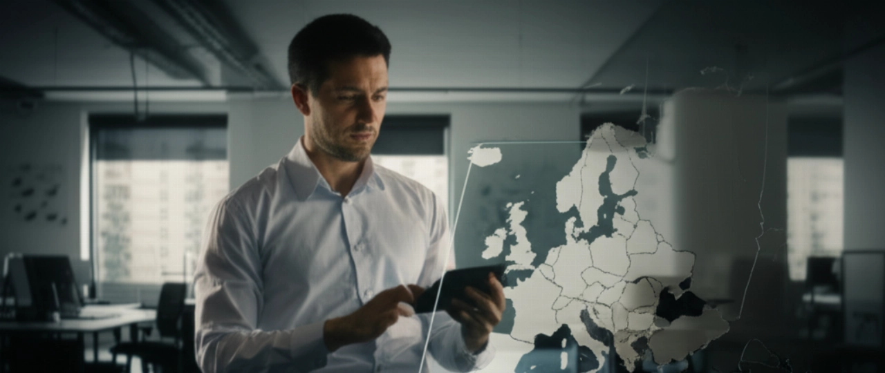 Un esperto di logistica caucasico esamina una mappa digitale dell'Europa con l'Austria evidenziata, in un ufficio moderno.