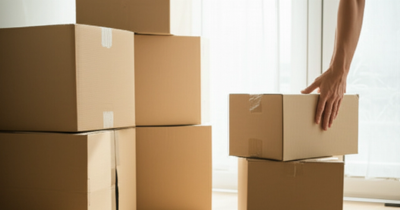 Scatoloni da trasloco perfettamente impilati e organizzati in una stanza luminosa, con una mano caucasica che sistema l'ultimo oggetto, simboleggiando efficienza e un trasloco a basso costo.