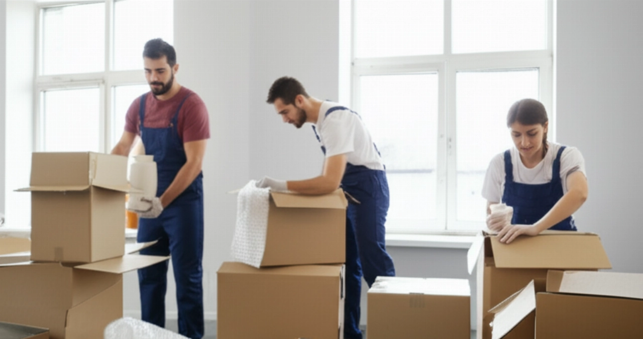 Due traslocatori professionisti caucasici che imballano con cura oggetti fragili in scatole, mostrando attenzione ai dettagli e organizzazione.