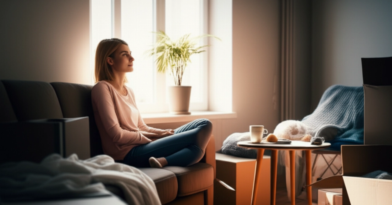 Una donna caucasica si rilassa su un divano nella sua nuova casa, circondata da scatole parzialmente aperte, godendosi un momento di pace dopo il trasloco.