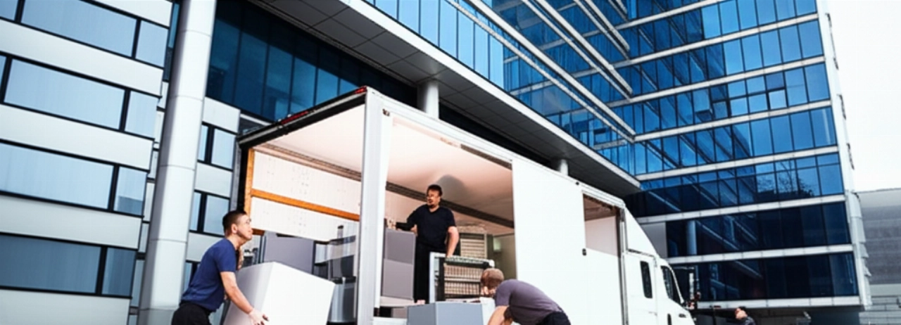 Grande camion per traslochi parcheggiato davanti a un edificio aziendale moderno, con traslocatori caucasici che caricano mobili, illustrando un trasloco aziendale su larga scala e professionale.