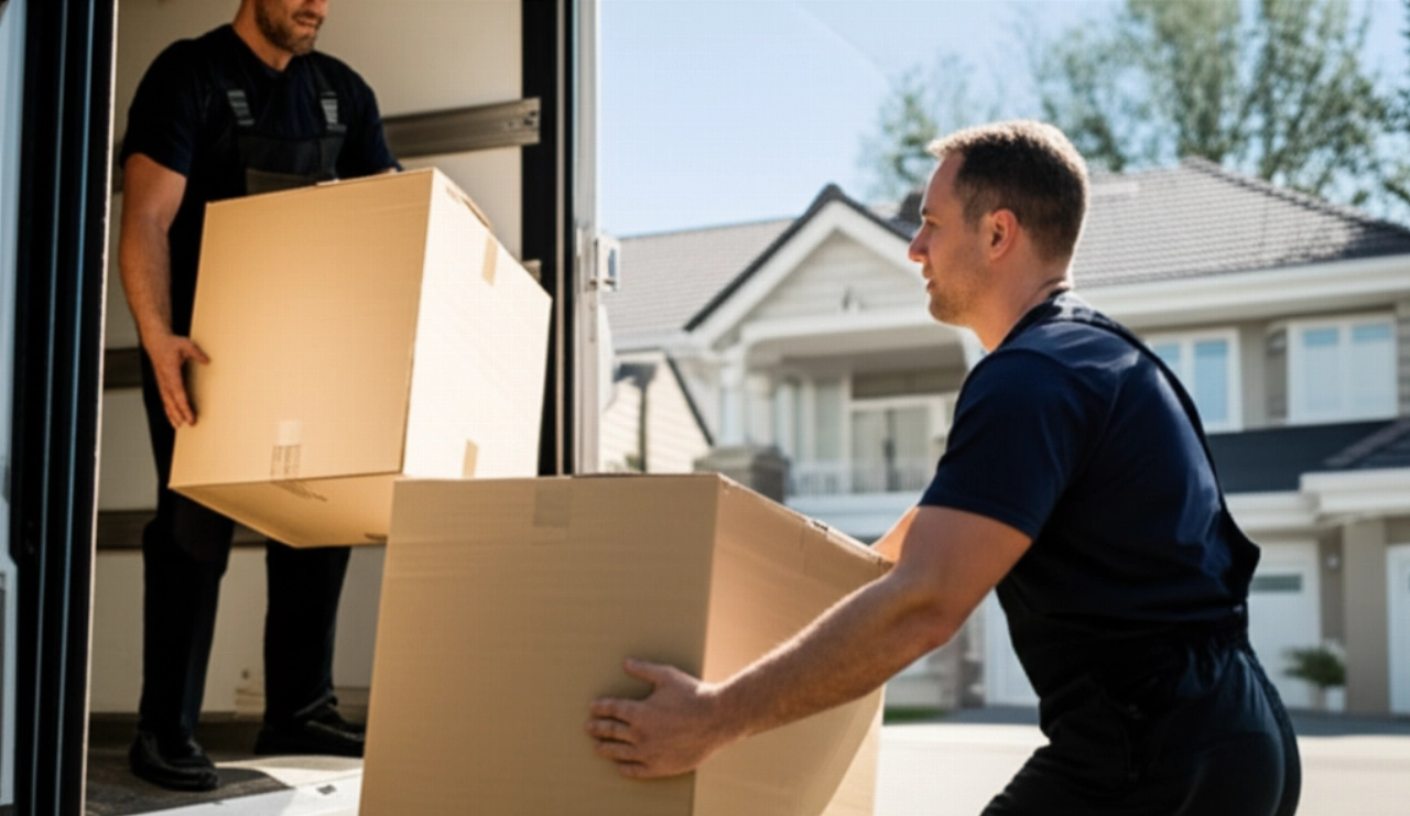 Traslocatori professionisti caucasici che caricano efficientemente scatole su un camion di trasloco in una giornata di sole.
