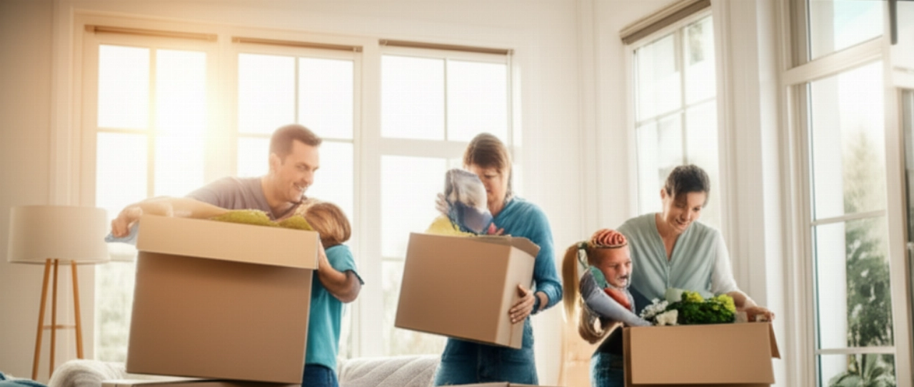 Felice famiglia caucasica che disfa le scatole nella loro nuova casa luminosa, simboleggiando un nuovo inizio.