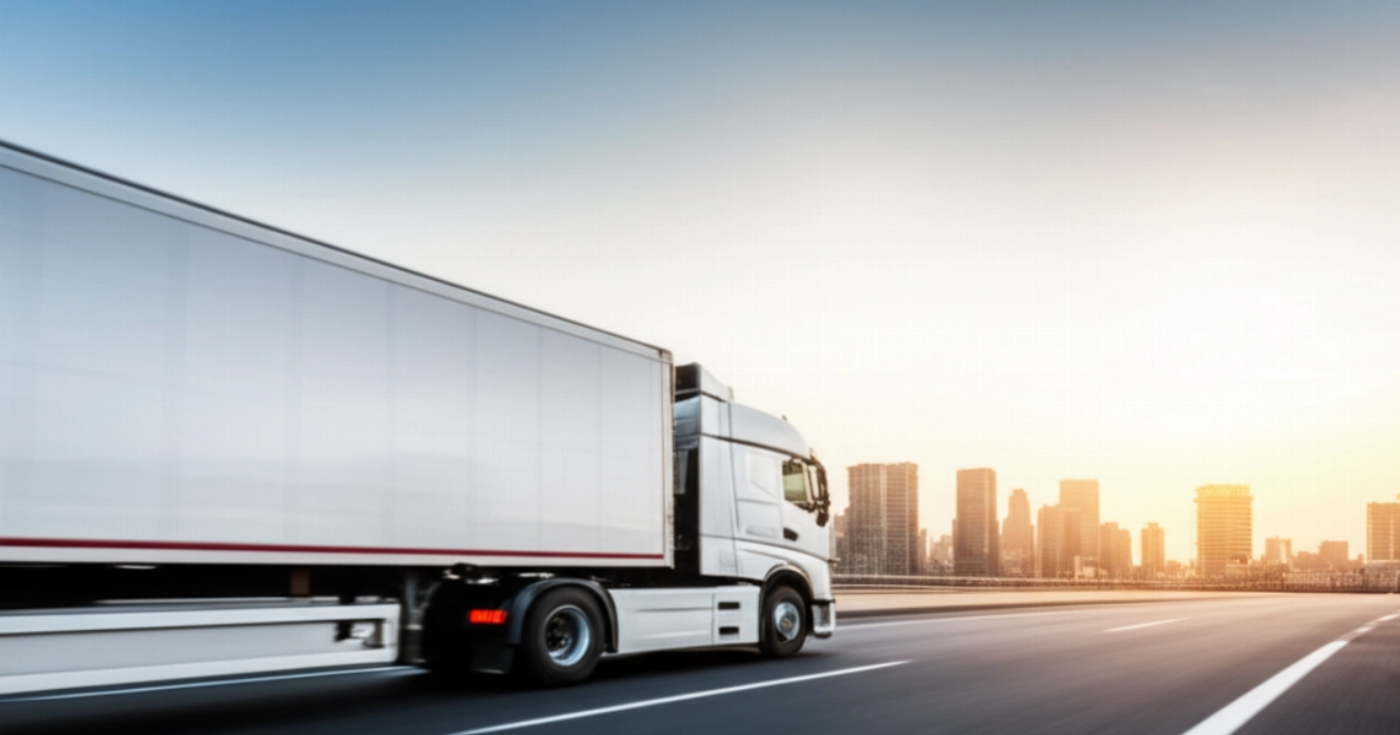 Un grande camion per traslochi bianco e moderno guida su un'autostrada aperta al tramonto, con uno skyline cittadino sullo sfondo.
