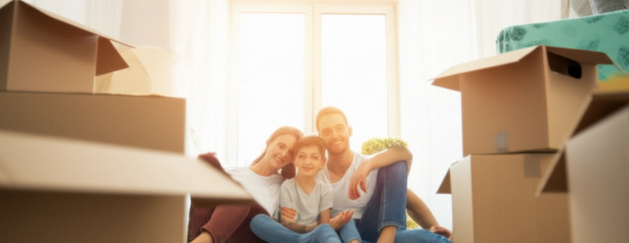Una famiglia caucasica felice e rilassata nella loro nuova casa parzialmente disimballata, con scatole di trasloco aperte e luce solare.