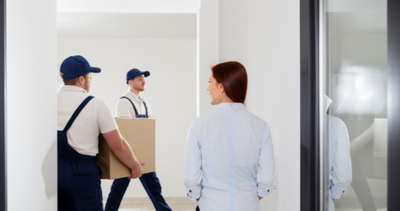 Due traslocatori caucasici professionisti che trasportano con cura una scatola, con una cliente caucasica soddisfatta, evidenziando efficienza e cura nei traslochi economici.