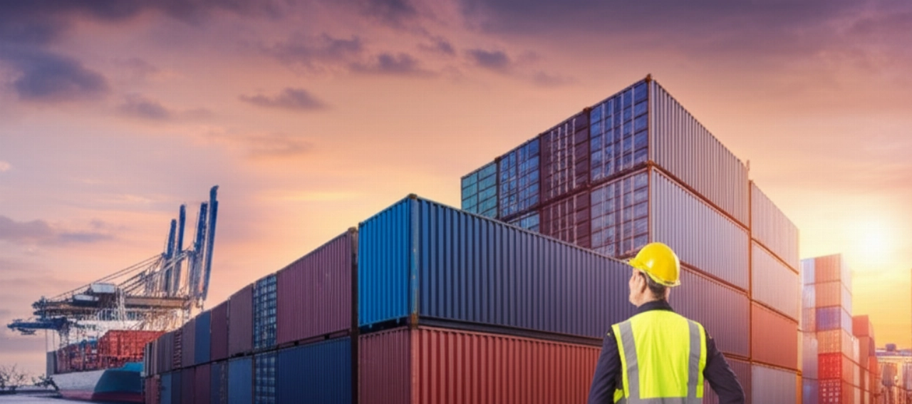 Una vista aerea iperrealistica di un porto internazionale all'alba, con pile di container colorati e una nave mercantile, che simboleggia la logistica globale dei traslochi.
