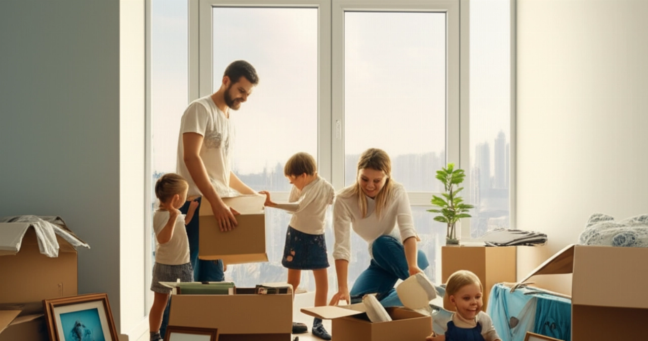 Una famiglia caucasica felicemente disfa i bagagli in un nuovo appartamento luminoso, con uno skyline urbano straniero visibile dalla finestra, che simboleggia un trasloco internazionale di successo e un nuovo inizio.