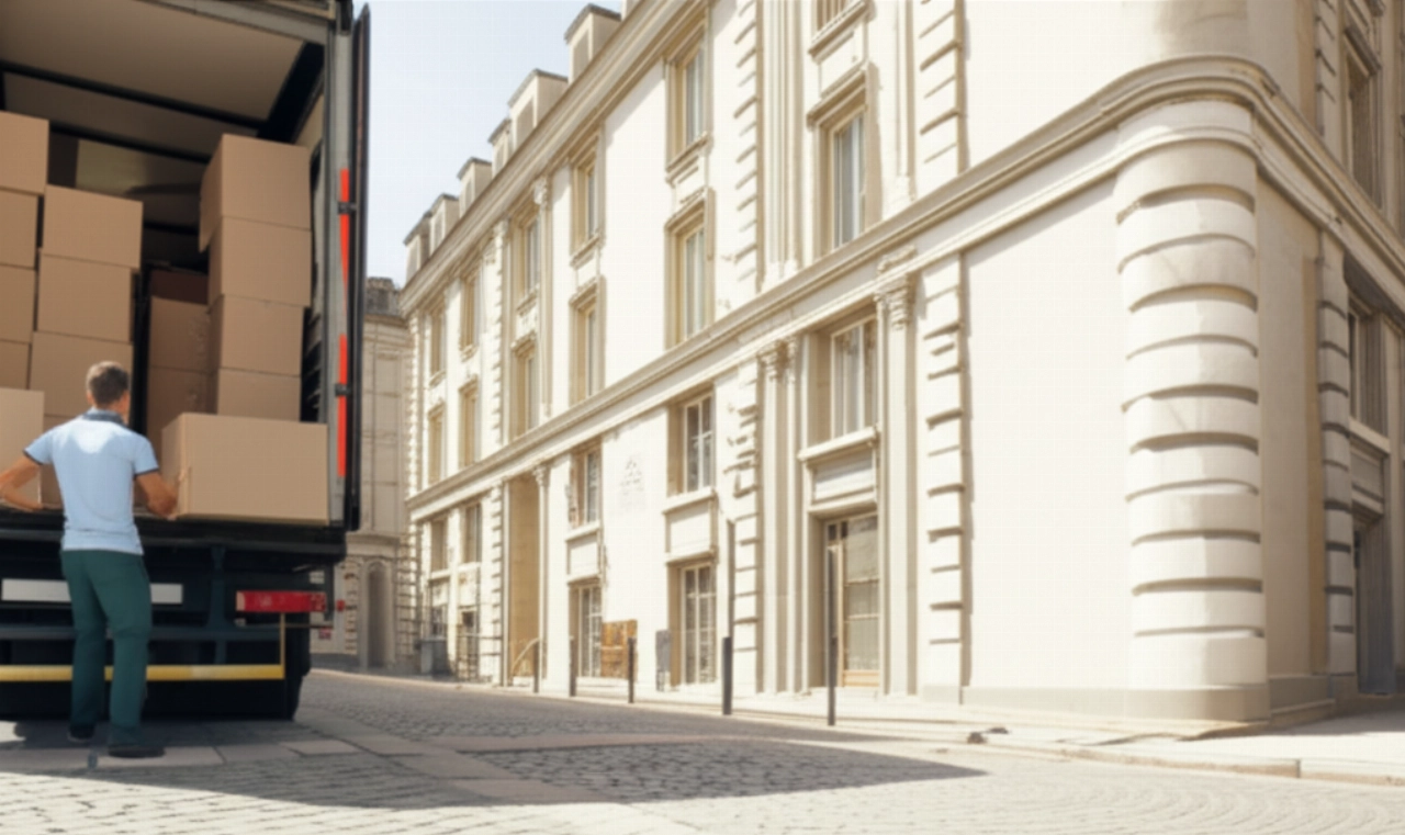 Traslocatori caucasici scaricano scatole da un camion in una strada europea con edifici classici, simboleggiando un arrivo efficiente in una nuova casa.