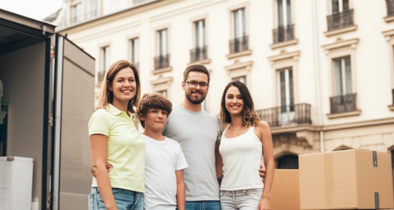 Una felice famiglia caucasica sorride davanti alla loro nuova casa europea con scatole e un camion di traslochi sullo sfondo, simboleggiando un nuovo inizio sereno.