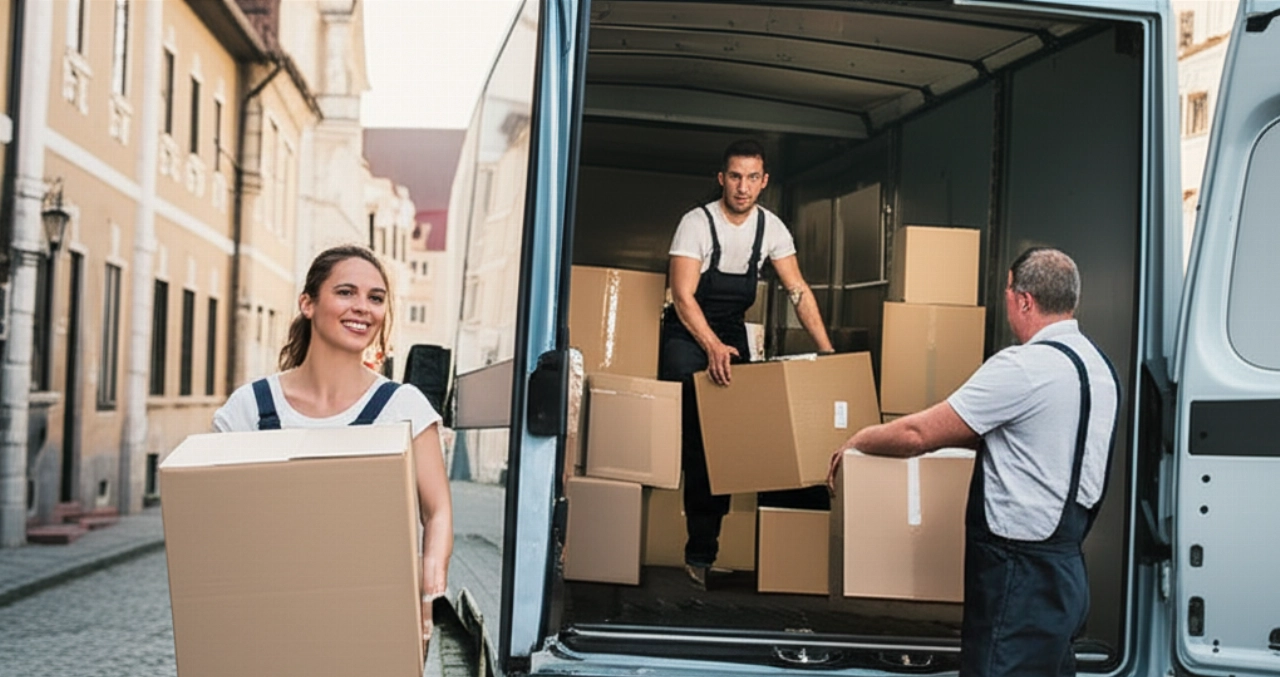 Due traslocatori caucasici professionisti caricano con cura scatole da un camion moderno in una strada storica europea, evidenziando efficienza e attenzione.
