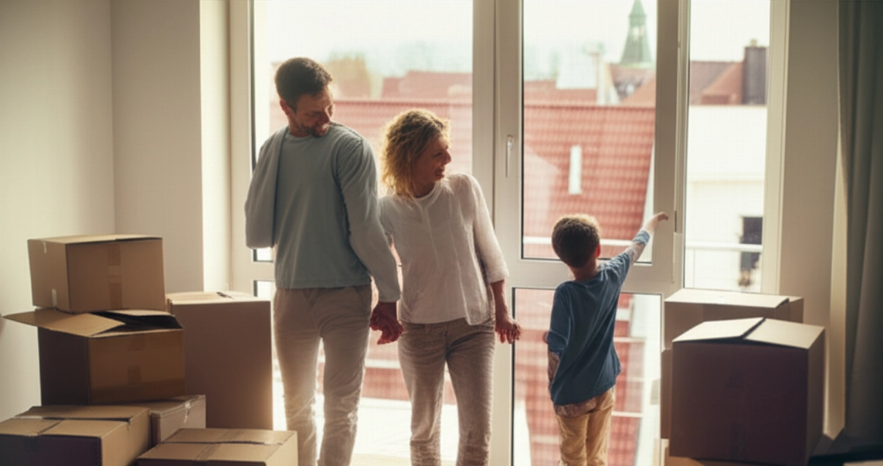 Famiglia caucasica felice in un nuovo appartamento in Germania, circondata da scatoloni, con una vista sulla città.