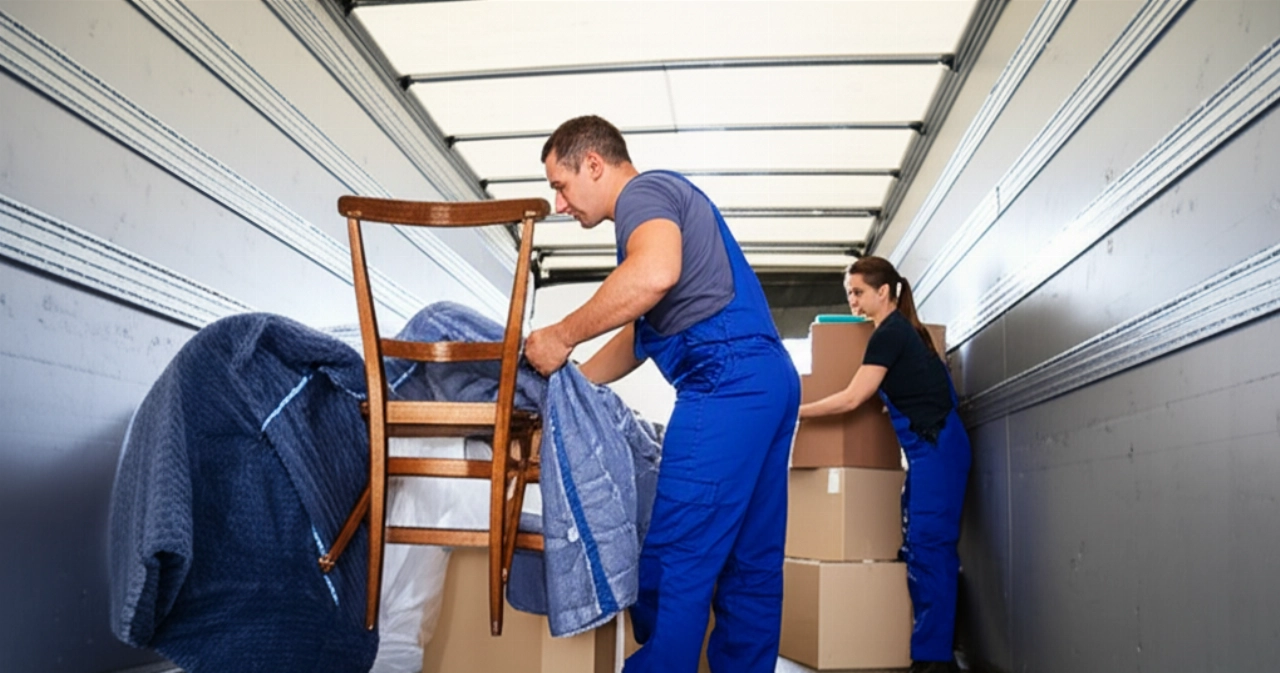 Traslocatori caucasici professionisti che imballano mobili e etichettano scatoloni all'interno di un camion o magazzino.