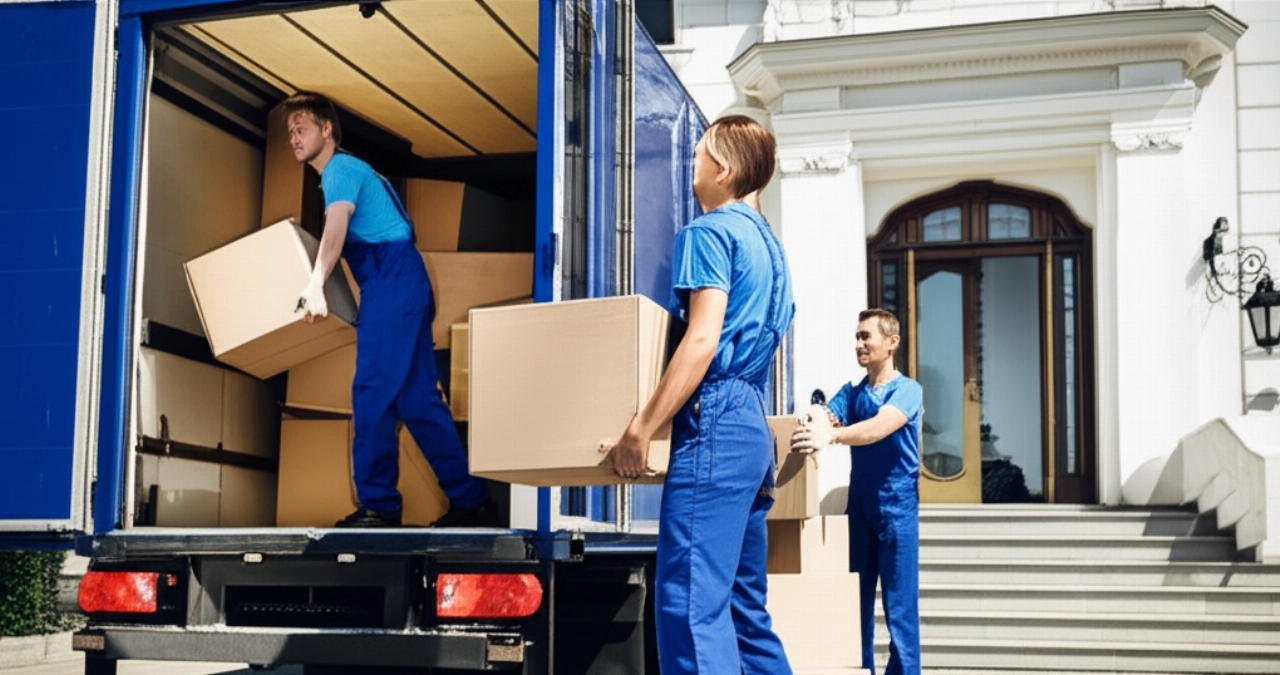 Traslocatori caucasici professionisti che scaricano scatoloni da un camion davanti a un edificio europeo.