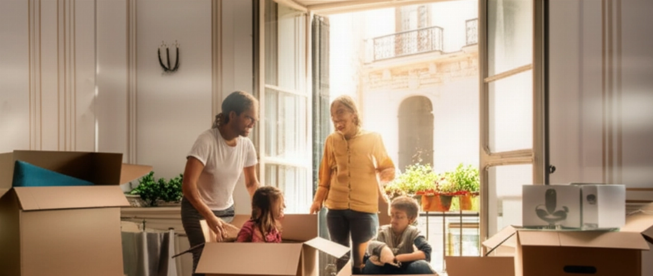 Famiglia caucasica felice che disimballa in un luminoso appartamento spagnolo, con scatole e luce solare che entra dalla finestra.