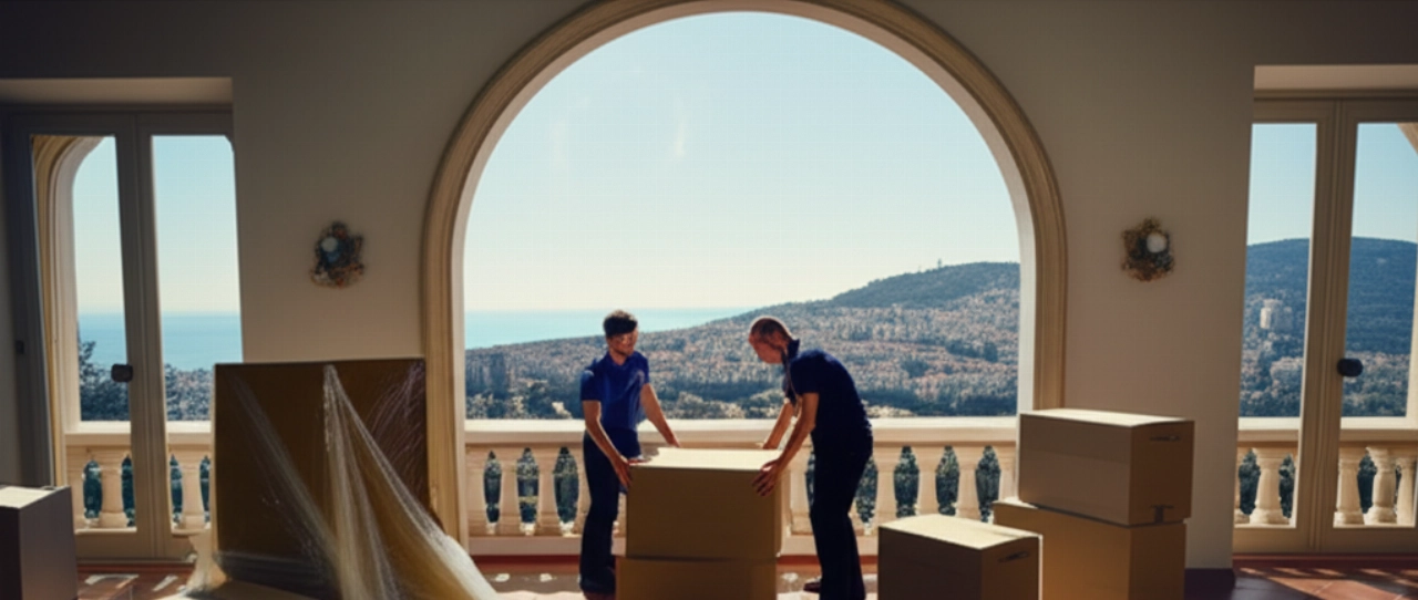 Traslocatori caucasici professionisti che lavorano in una casa spagnola elegante, con vista panoramica su una città costiera spagnola.