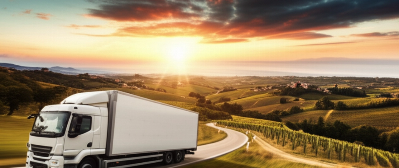 Un moderno camion da trasloco senza marchio attraversa un paesaggio italiano mozzafiato al tramonto, simboleggiando il servizio nazionale.