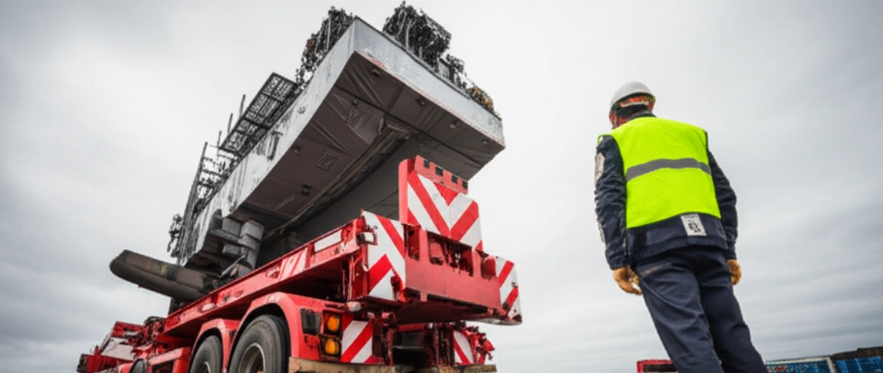 Enorme macchinario industriale caricato su un camion speciale per il trasporto nazionale.