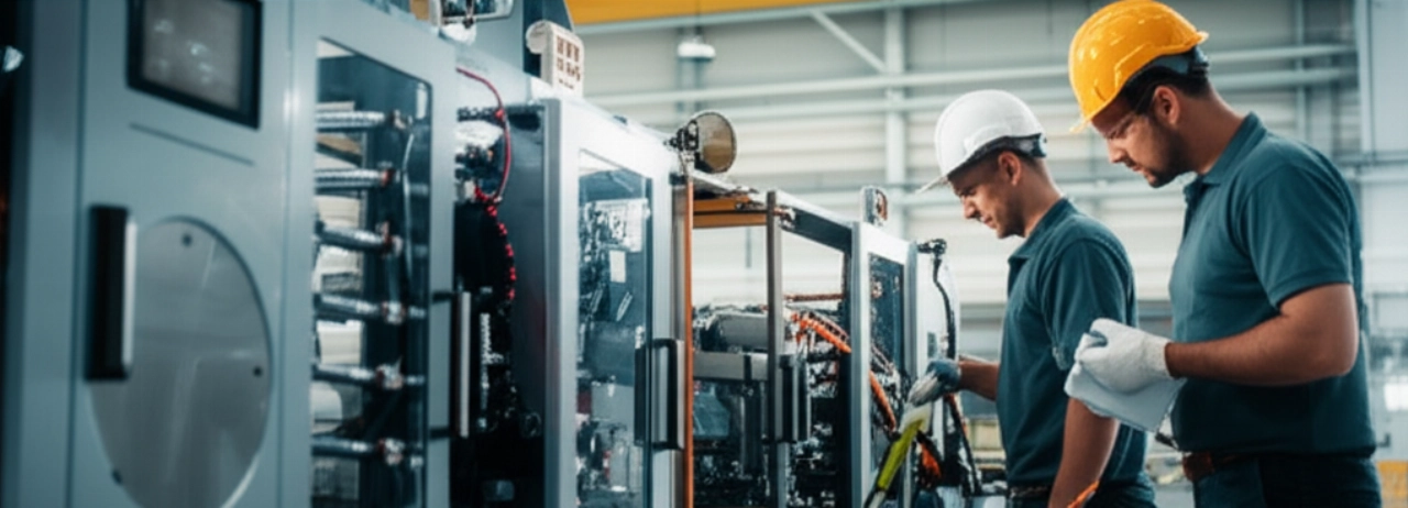 Ingegneri e tecnici supervisionano il riassemblaggio di macchinari industriali in una nuova fabbrica.