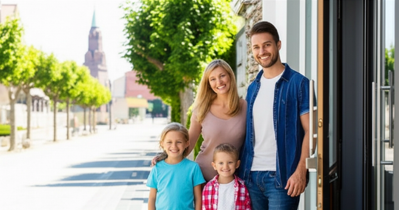 Una felice famiglia caucasica sorride davanti alla loro nuova casa in una città europea, con una scatola di trasloco parzialmente aperta.