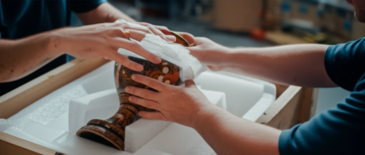 Professionisti caucasici che imballano con cura un vaso antico e delicato in una cassa di spedizione internazionale.