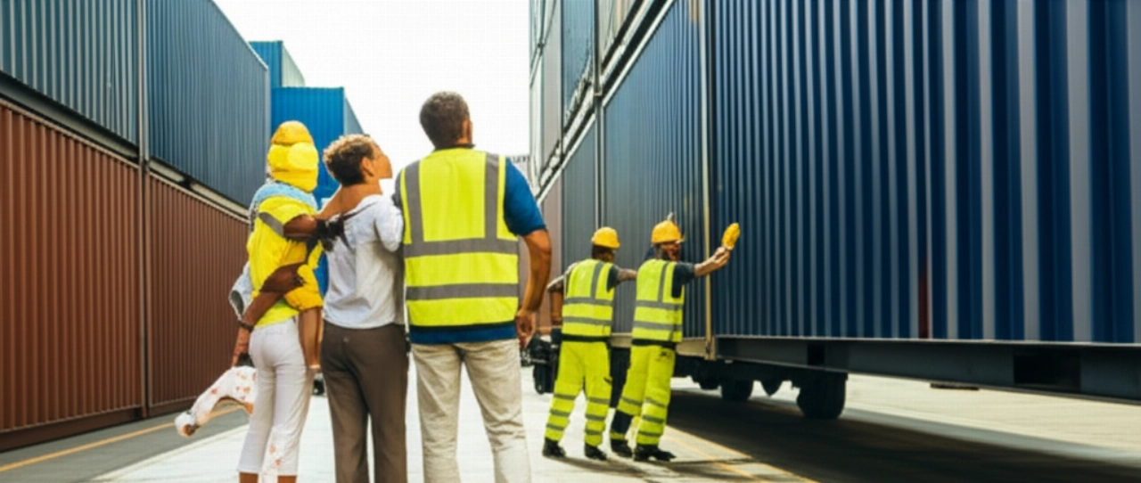 Famiglia caucasica osserva il proprio container caricato in un porto internazionale, evidenziando la cura nel trasloco.