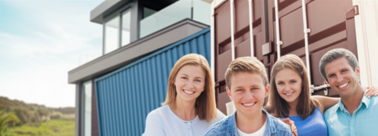 Famiglia caucasica felice mentre il loro container viene scaricato nella nuova casa all'estero, simbolo di un nuovo inizio.