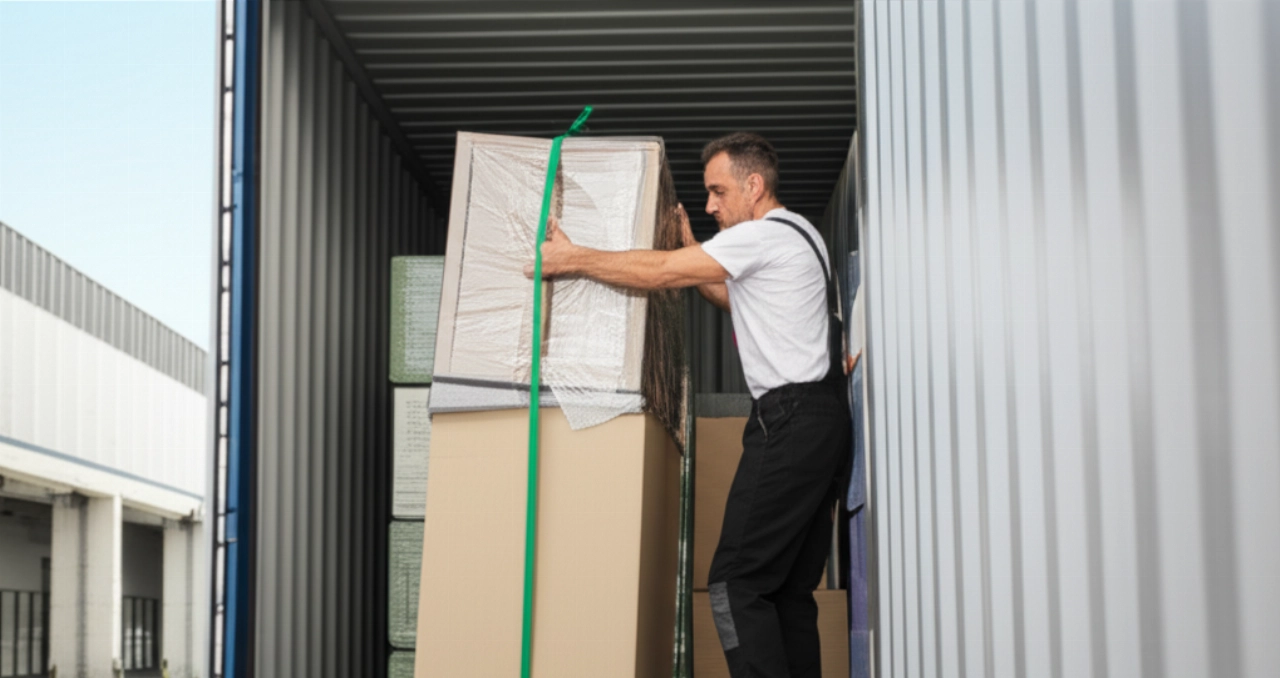 Traslocatore caucasico professionista che carica una scatola in un container marittimo internazionale, in un ambiente pulito.