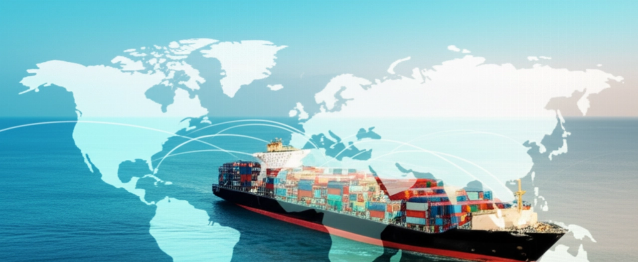 Nave cargo con container che attraversa l'oceano, con una mappa mondiale sovrapposta che mostra un percorso internazionale.