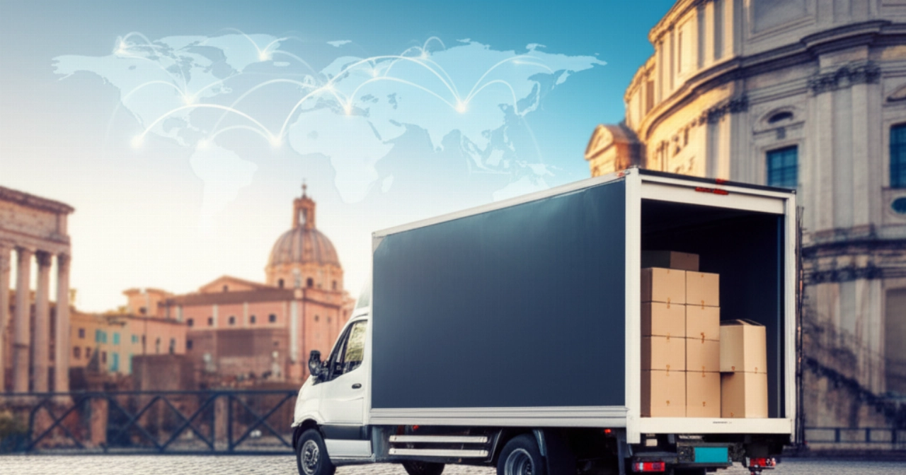 Camion professionale per traslochi internazionali parcheggiato in una storica strada romana, con una mappa del mondo stilizzata a simboleggiare la portata globale.