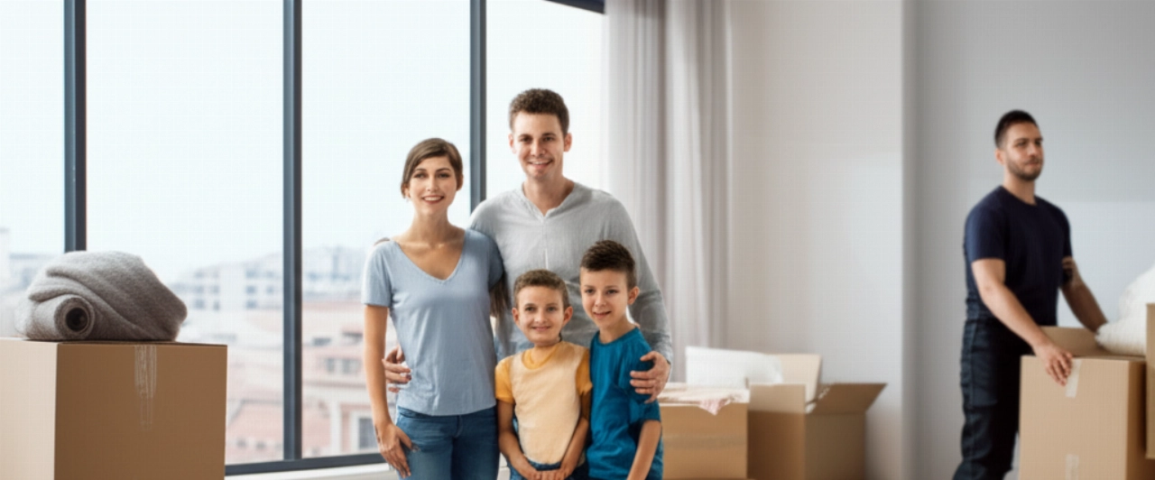 Famiglia caucasica felice e rilassata in una nuova casa, con scatole di trasloco parzialmente aperte, simboleggiando un inizio senza problemi dopo un trasloco internazionale.