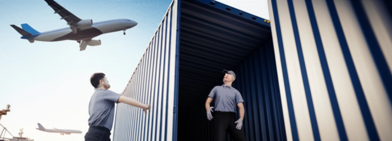Traslocatori caucasici professionisti caricano con cura un container in un porto internazionale, simboleggiando traslochi internazionali efficienti ed economici.