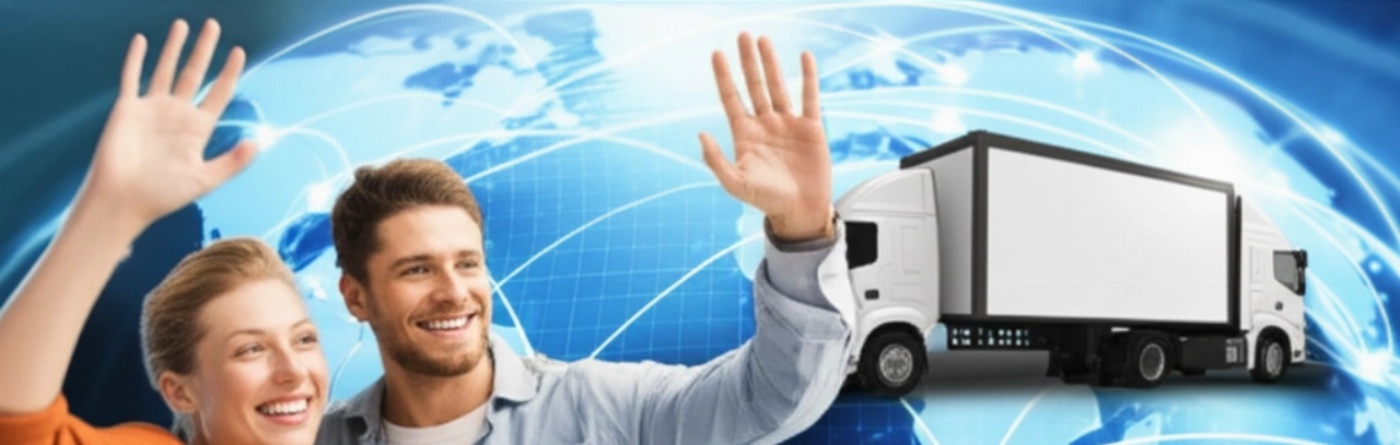 Concetto di trasloco globale: un camion di traslochi su una mappa mondiale stilizzata, con una coppia caucasica sorridente che saluta, a rappresentare un servizio internazionale economico e senza stress.