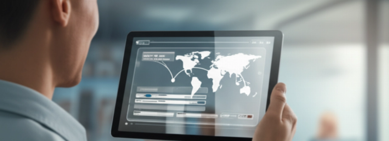Tablet con interfaccia di tracciamento spedizioni internazionali e persona serena sullo sfondo, rappresentando traslochi efficienti e convenienti.