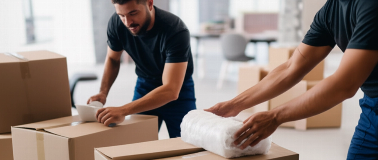 Due traslocatori professionisti caucasici che imballano con cura oggetti fragili in scatole robuste all'interno di una casa moderna.